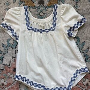 Madewell White Blouse with Blue Embroidery